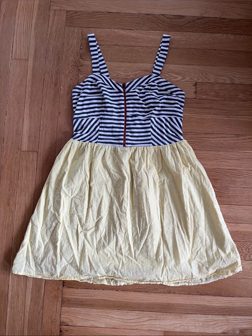 Xhilaration Navy & White Striped Bodice with Pale Yellow Eyelet Skirt Dress